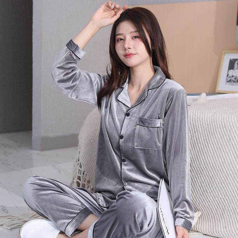 Golden velvet pajamas Women's Spring and Autumn Winter foreign style feminine long sleeves can be worn outside home clothes two-piece suit