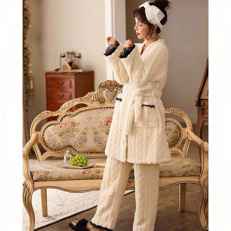 Can be worn outside pajamas female winter thick coral velvet plus velvet can go out home clothes flannel autumn and winter robes set