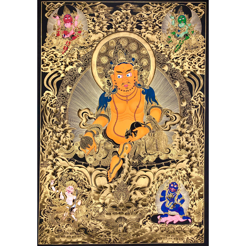 1 meter 2 huge black gold thangka five-way god of wealth yellow god of wealth Nepal pure hand-painted hand-painted Tibetan hanging painting to attract wealth