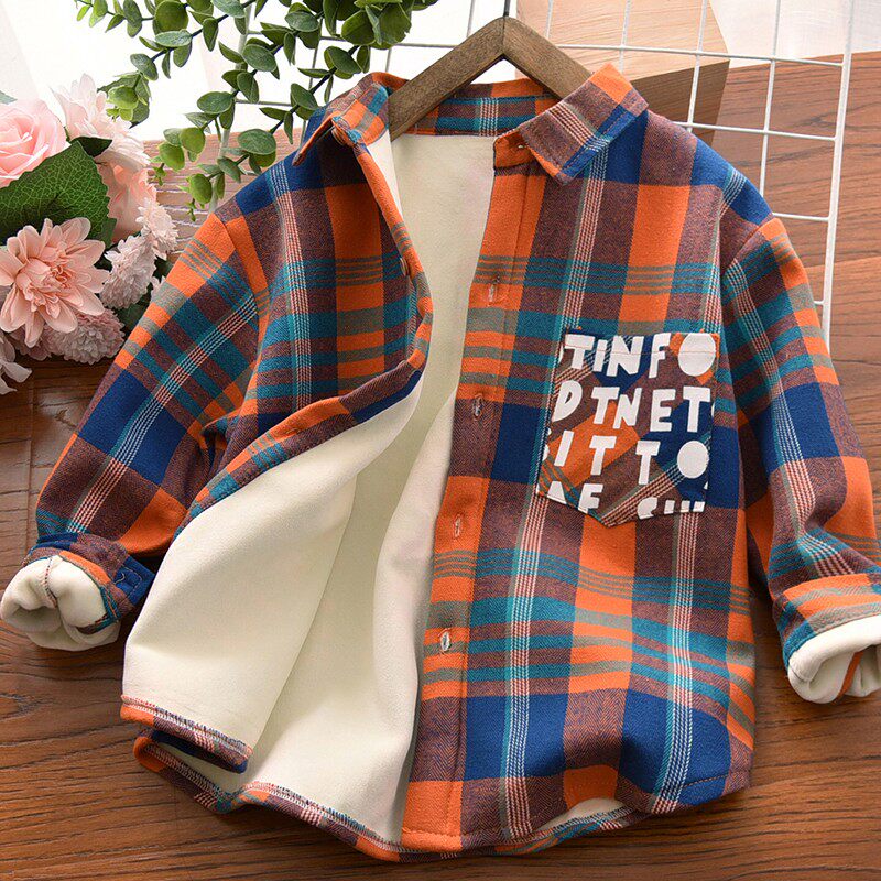 Boys' winter fleece shirt 2021 autumn and winter new one-piece fleece warm jacket for big children thickened plaid top