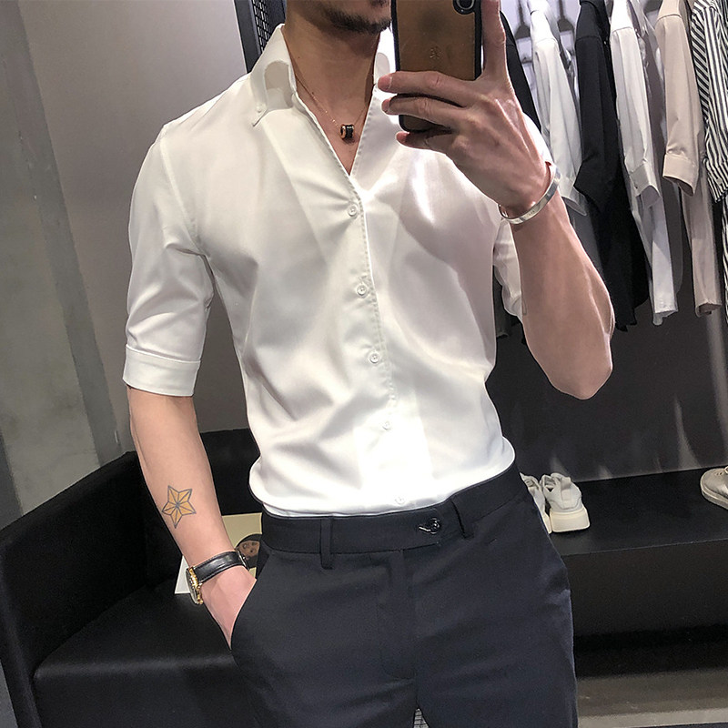 White shirt men's short-sleeved summer thin ice silk Korean version of the trend of self-cultivation and handsome five-point casual three-point sleeve shirt men