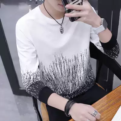 Long sleeve T-shirt men's spring new trendy brand trend Korean version of round neck slim cotton inside base shirt men's thick T-shirt