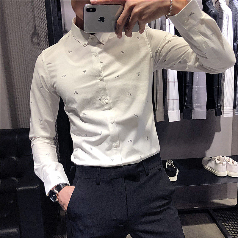 Boomer Spring autumn season 2020 new men's casual shirts Men's long sleeves Korean version Trend to fix a printed white shirt