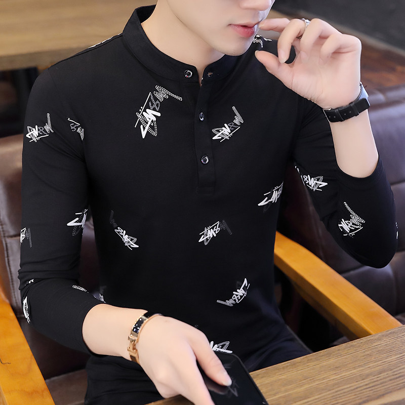 Long sleeve T-shirt men's spring autumn season new trend personality to fix Korean version handsome leader blouses bottom polo jersey man