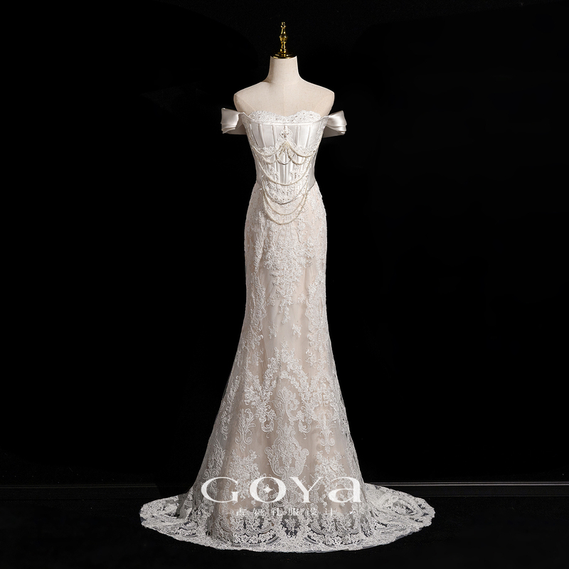 French-Style Off-The-Shoulder Light Wedding Dress 2026 New Bride Wedding Reception Going-Out Dress Vintage Lace Mermaid Gown