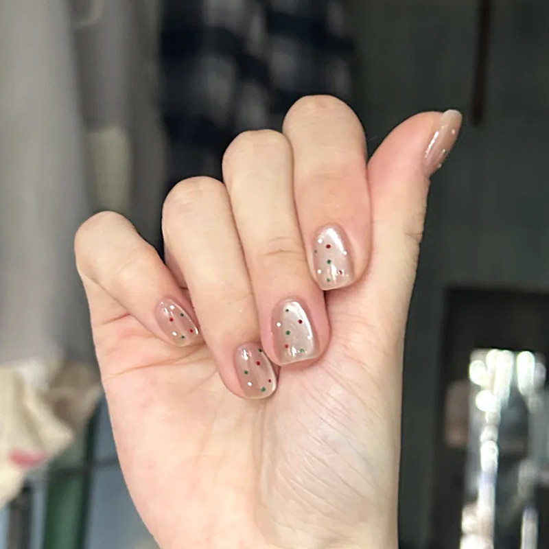 Handmade Summer Dopamine Press-On Nails Colorful Polka Dot Short Nails Glass Bead Cat Eye Nail Art Finished Nails Removable
