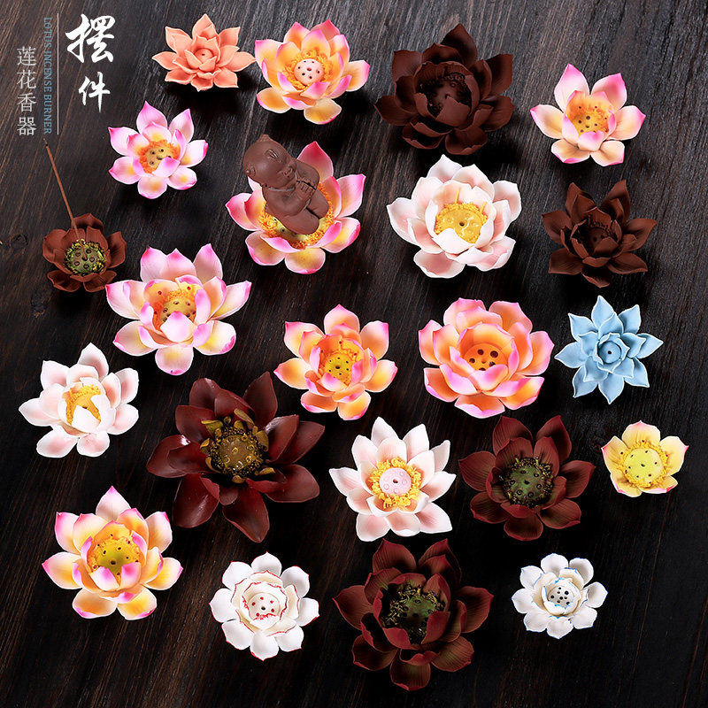 Lotus scent-inserted ceramic incense stove line incense base tea room Chandau Buddha pure handmade fragrant lotus petal fragrant incense stove