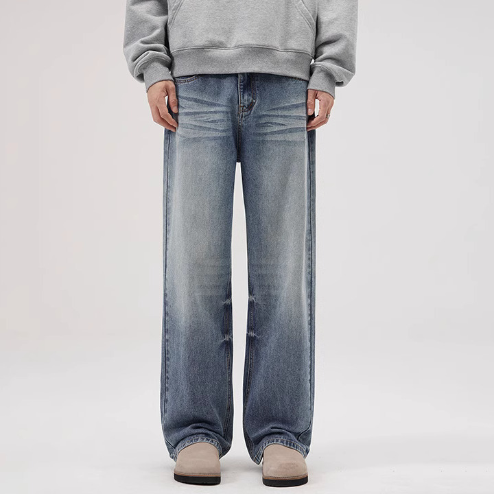 Dl Brand Four-Season Vintage Washed Wide-Leg Blue Jeans for Men and Women, Trendy Versatile Loose Straight-Leg Pants