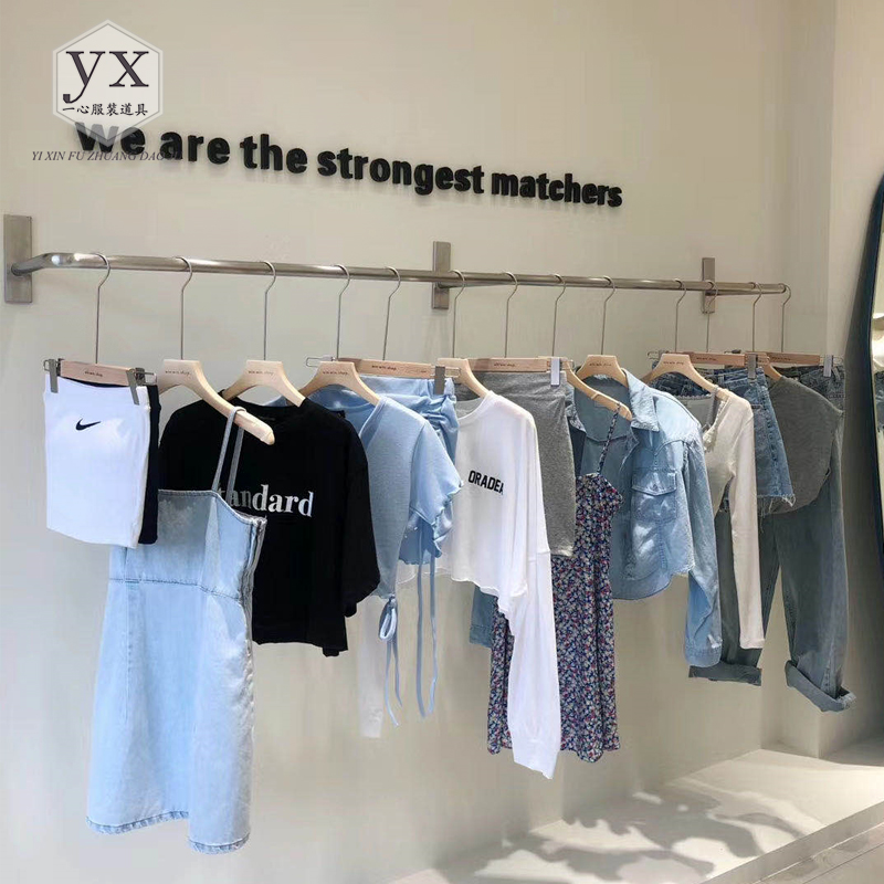 Clothing Shop Show Rack Upper Wall Creativity Hanging Clothes Rod Stainless Steel Shelves Women's Clothing Display Rack Props Customize