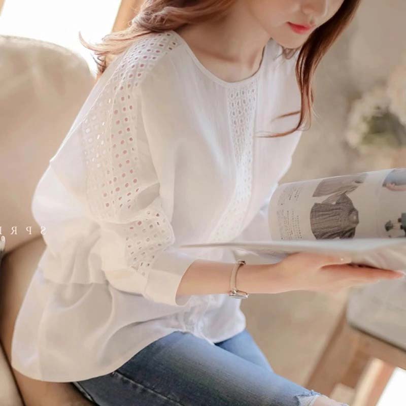 Round Collar Casual White Shirt Woman Han Fan Loose 2022 Spring Fall New Long Sleeves Hollowed-out Cashew Sweatshirt