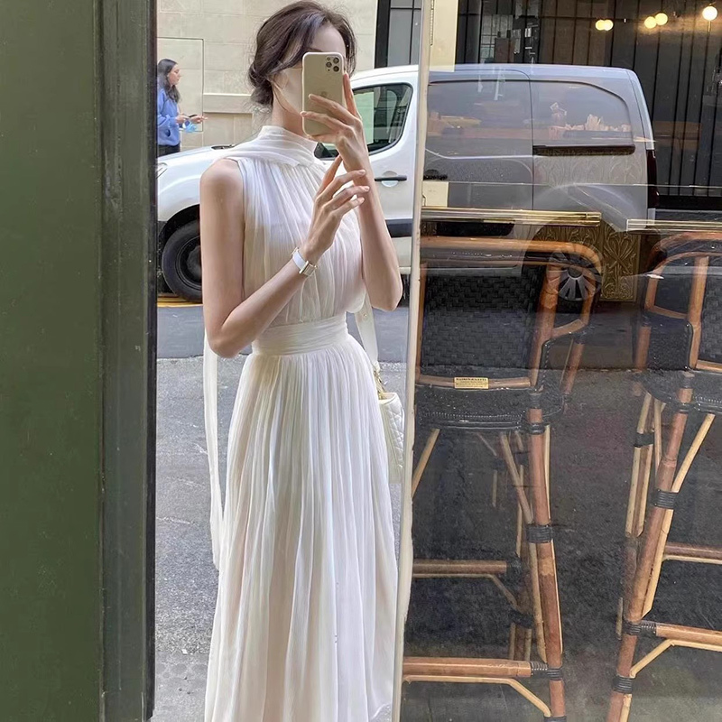 French-Style White Dress for Women, Vintage Elegant Greek Goddess Style, Flowing and Ethereal, Halter Neck with Ribbons, Long Vacation Dress