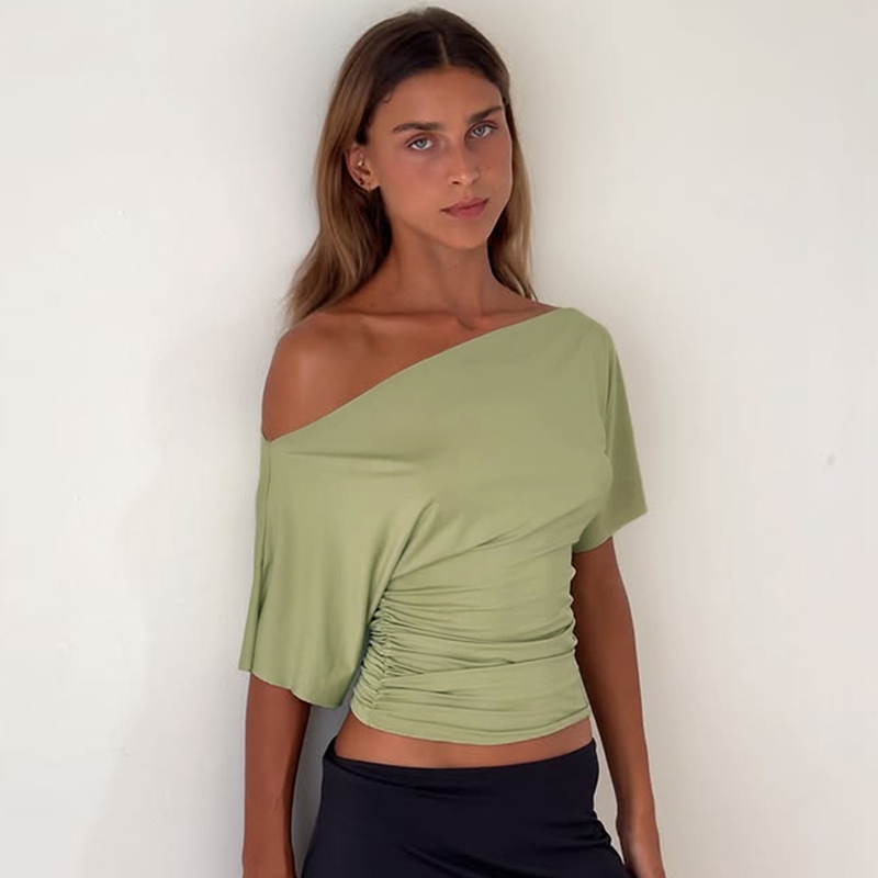 Solid Color Simple Off-Shoulder Short-Sleeve Top 2026 Summer New Style Slim Fit Versatile Short Crop Top T-Shirt Solid Color Simple Off-Shoulder Short-Sleeve Top 2026 Summer New Style Slim Fit Versatile Short Crop Top T-Shirt