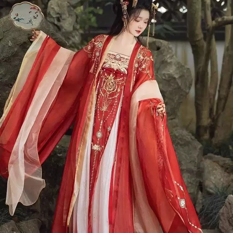 原创红色汉服女【小重山】重工刺绣大袖衫齐胸诃子裙唐制古装春秋-淘宝