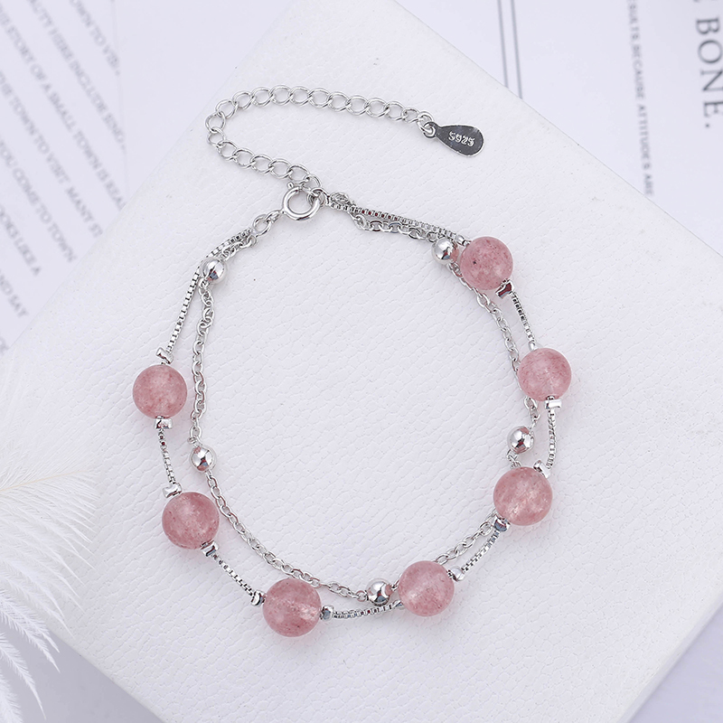 Double Layer Strawberry Crystal Powder Crystal Handmade Peach Blossom Korean Version Minimalist Student Son Ensemble Red Bestie Hand String Gift Woman