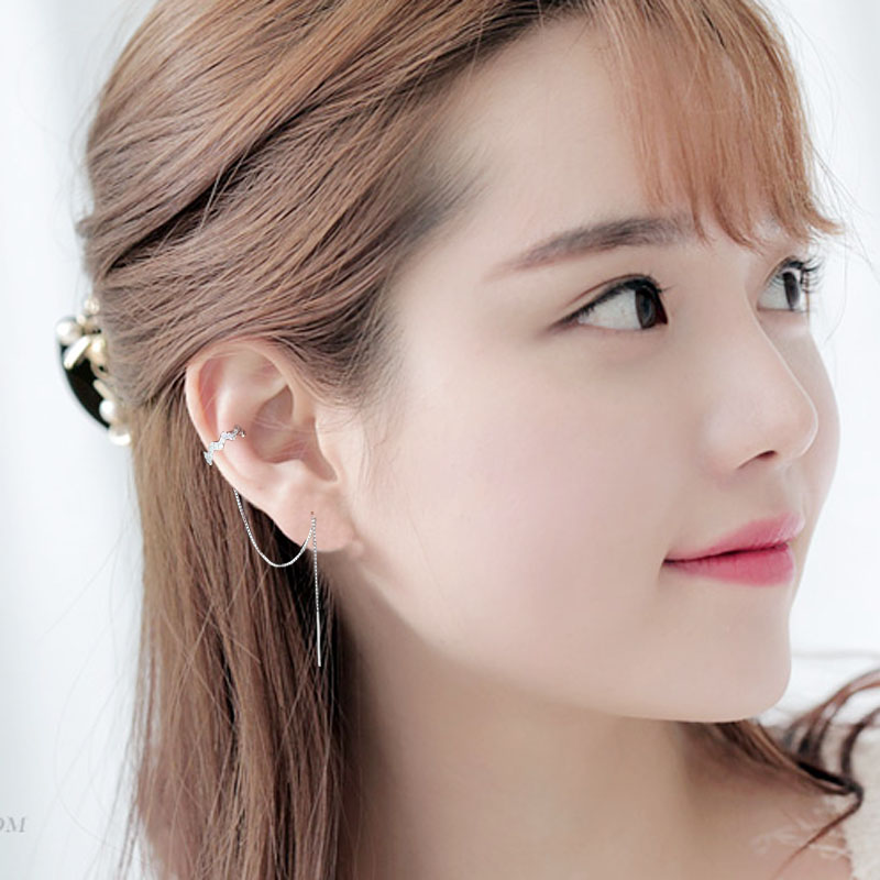 S925 Silver Flash Drilling Wave Wire Woman Korean temperament long - version stream Su earrings personality ear in the same model