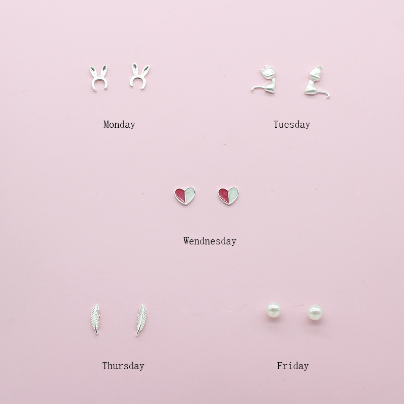 S925 Silver Ear Round Weekly Set with Korean Class Small and Miniature Ear Fall Student Gift Girl