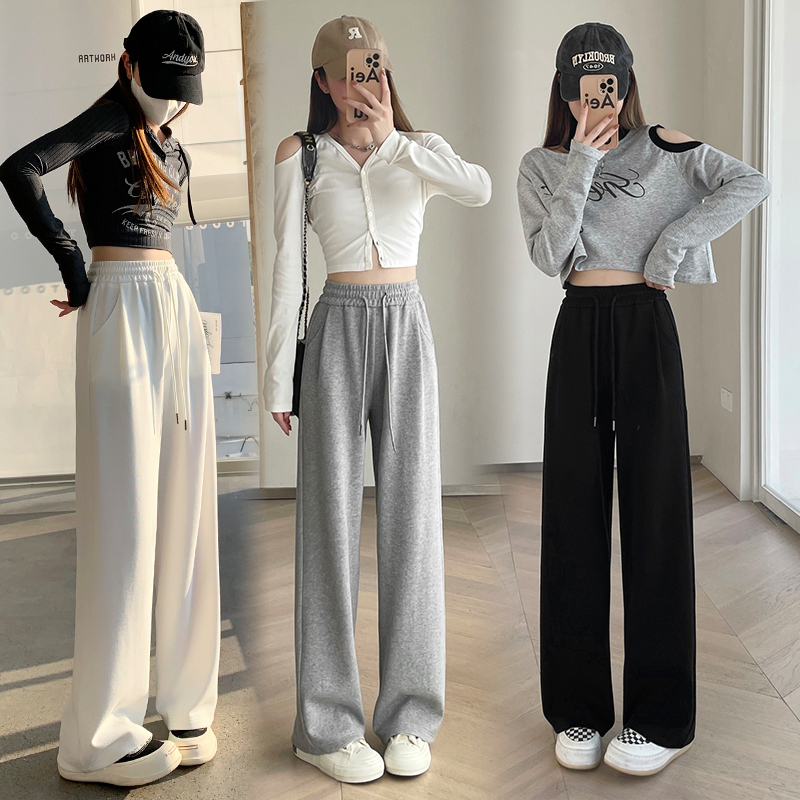 145cm Short Person Wears Spring Outfit with Gray Sweatpants, Women's Slim Wide-Leg Pants, 150XS Versatile Casual Sweatpants