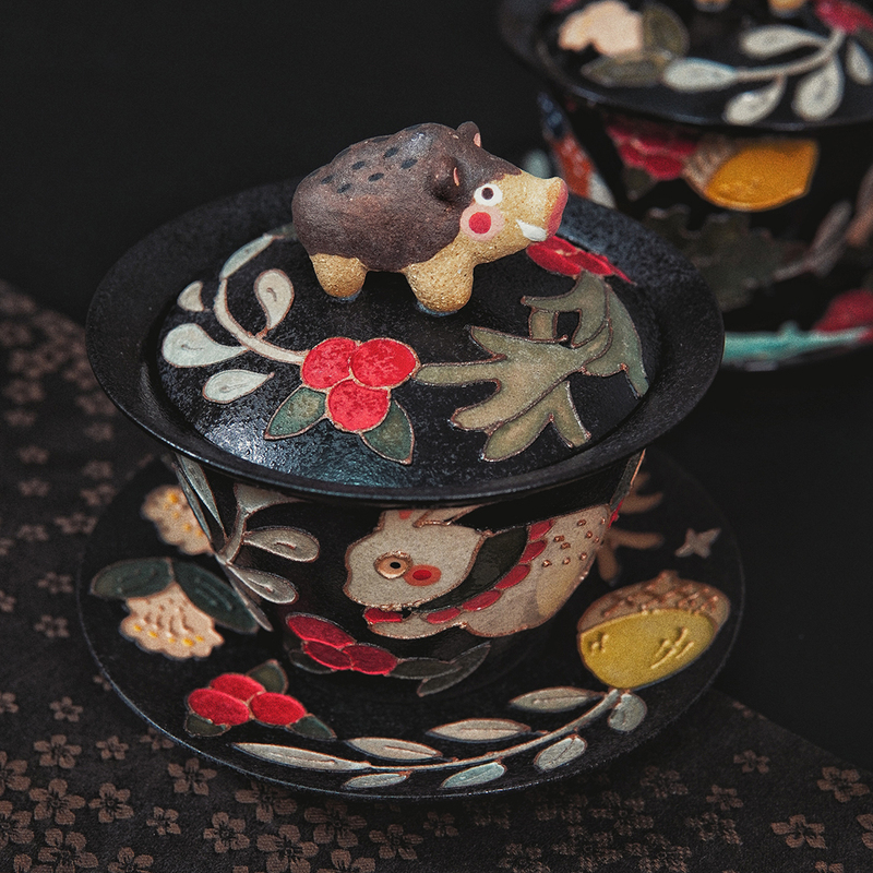 Christmas Boar Ceramic Tea Set Sancai Covered Bowl Handmade Tea Cup Jingdezhen Single Bubble Handmade Underglaze Color Gift