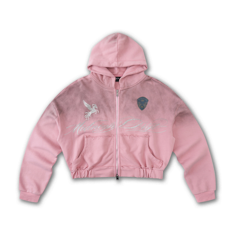 Elyslum Original Hualoujie Washed and Distressed Pink Spray-Printed Embroidered Short Hooded Sweatshirt Jacket