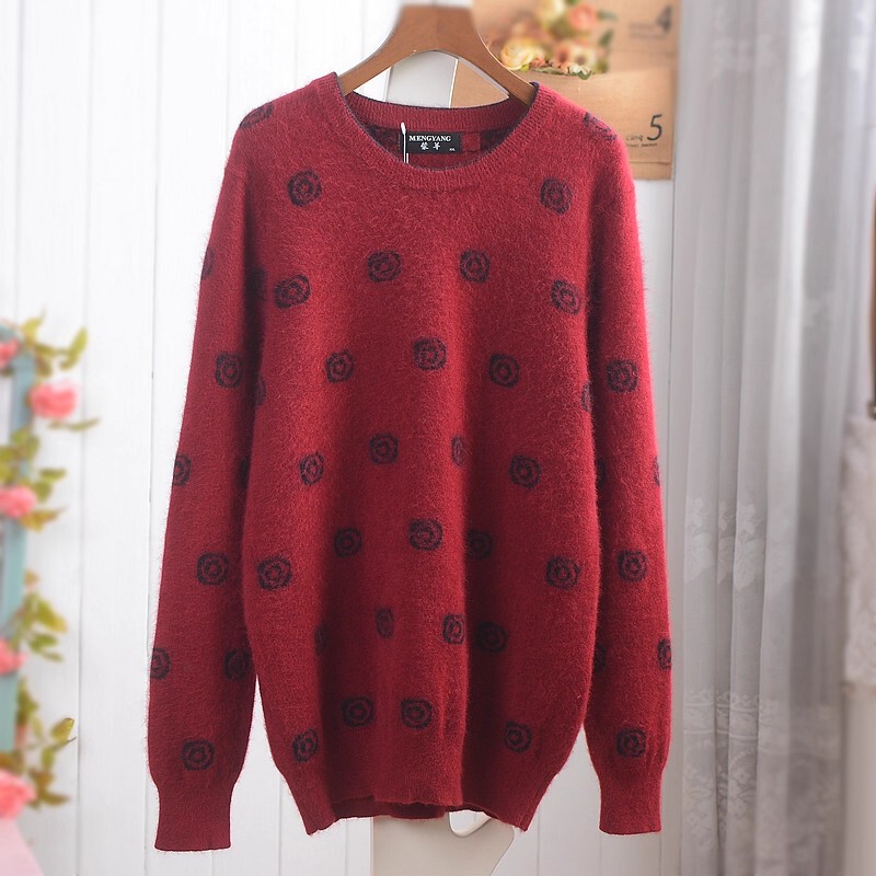 Japanese-Made Vintage Angora Long Rabbit Fur Deep Red Printed Loose Simple Warm Pullover Long-Sleeve Sweater for Women