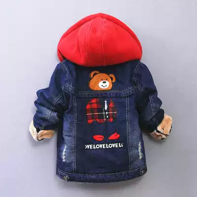 Boys thickened jacket plus velvet cotton coat to keep warm autumn and winter clothes children's baby women's clothing hooded denim winter children's trend