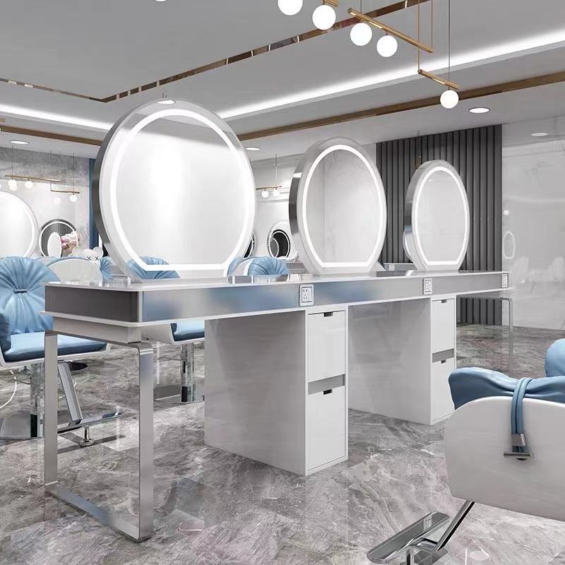 Light luxury high-end hair gallery with lamp hairdresser stainless steel European lens photo gallery cosmetic mirror