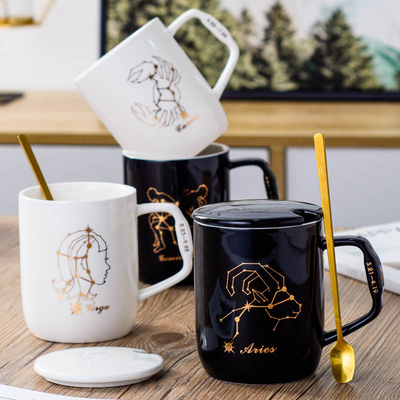 doodle twelve constellation ceramic mug with lid spoon creative black and white men and women couple coffee cup ins water cup