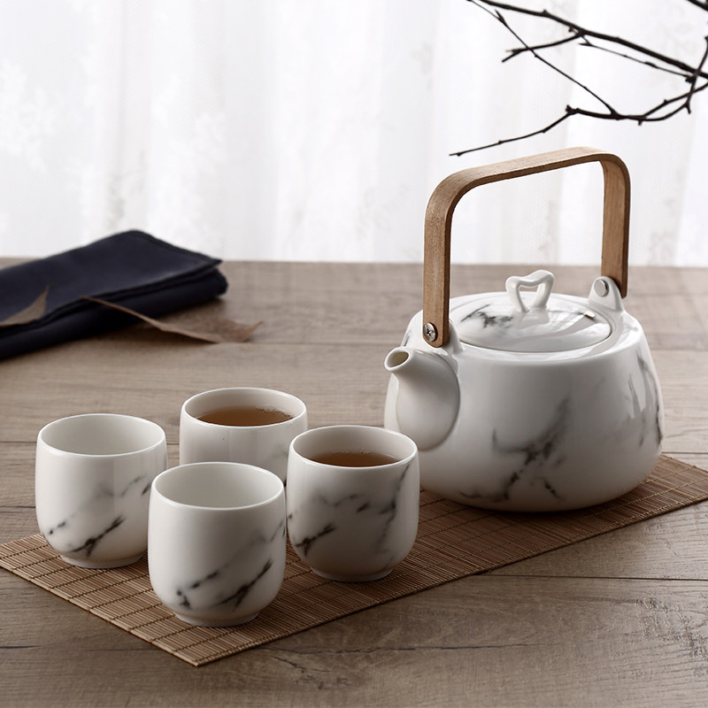 Marbled Japanese tea set Tea kettle tea cup wooden tray ceramic black tea tea set Household beam pot