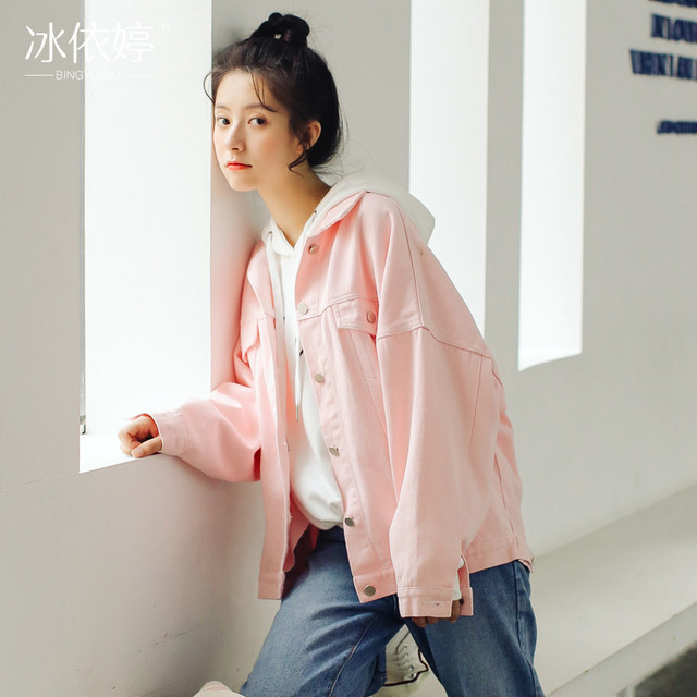 Spring and Autumn Korean style candy color denim jacket women's loose chic short top bf Harajuku style jacket student Hong Kong style