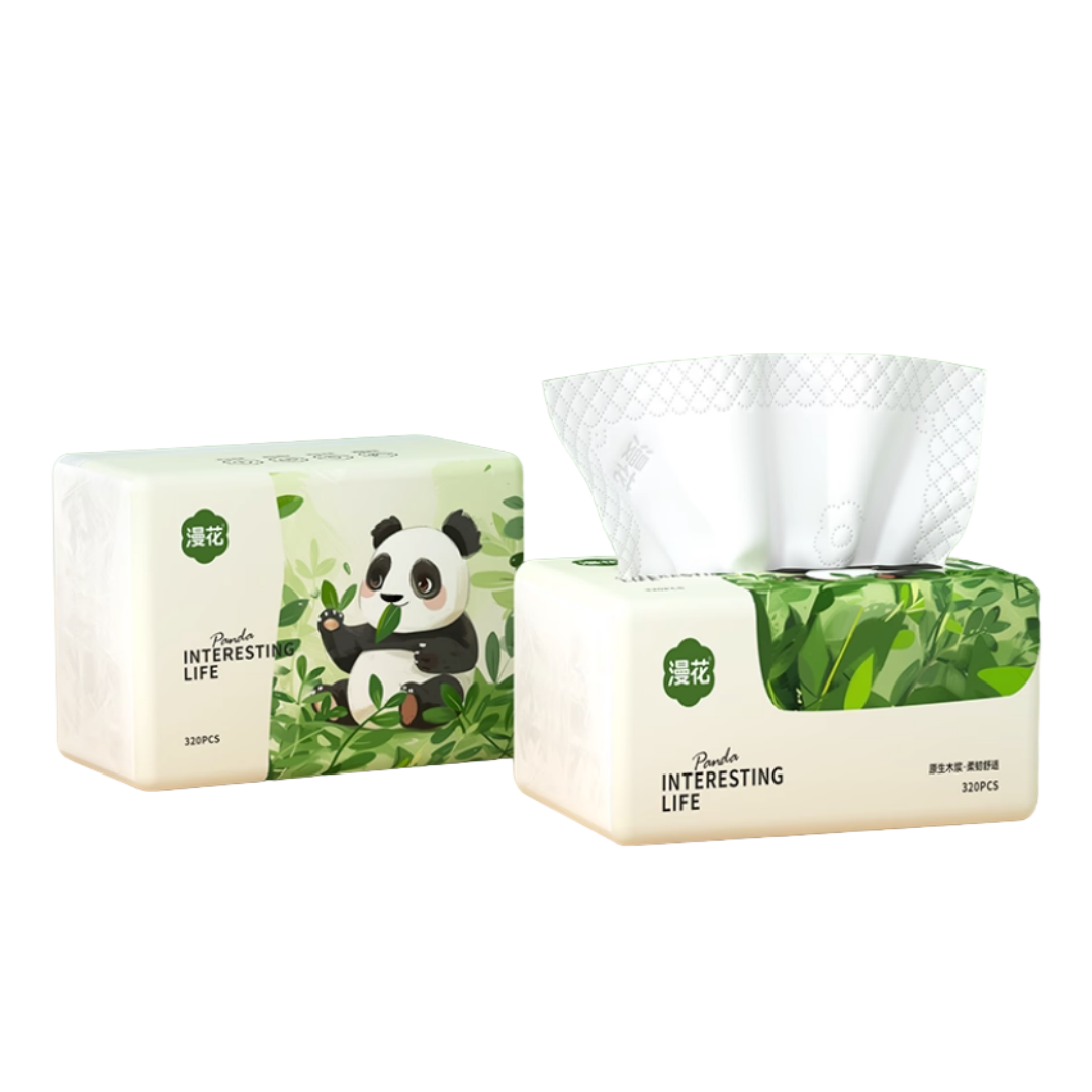 漫花熊猫四边压花纸面巾320张（5层厚）
