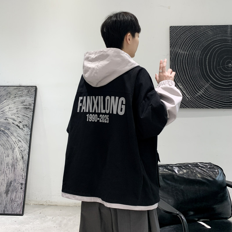 P98 2021春夏大码港风假两件印花夹克休闲宽松男夹克男