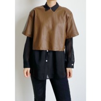 (Rugosa M) autumn fashion suit womens PU short sleeve T-shirt Tencel long sleeve shirt loose thin curry