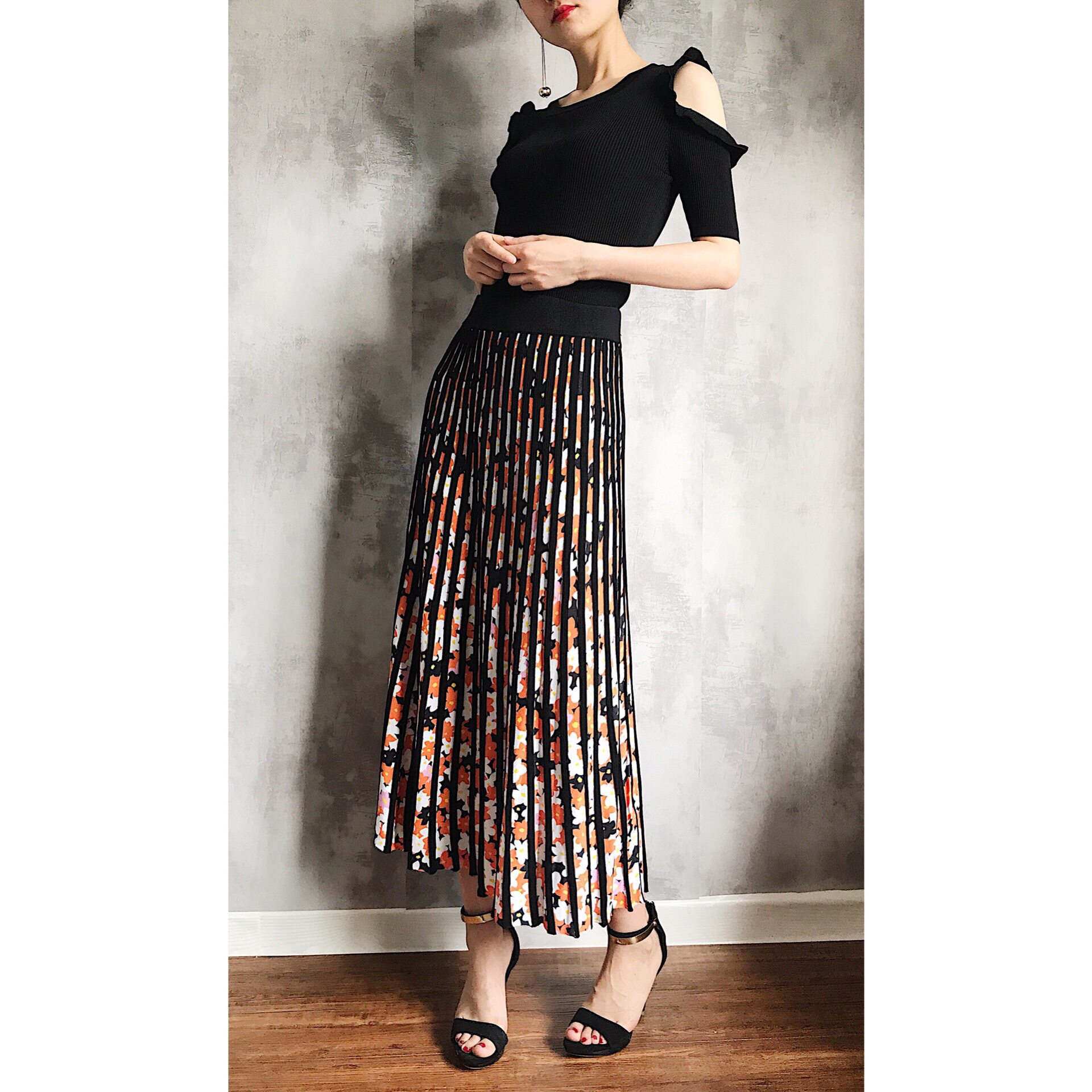 Rugosa M - fold printing heavy knitting small pieces of weaving skirt tightly waist 3D stereo visual summer