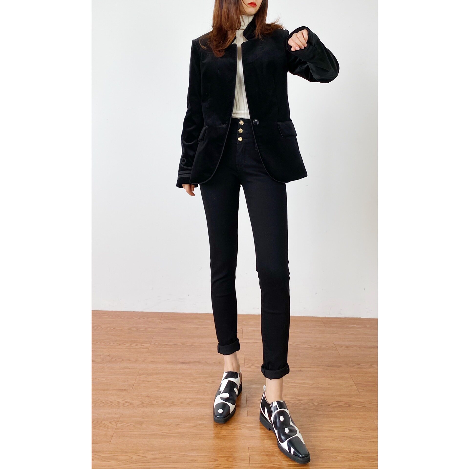 (Rugosa M) Black Casual Top Short Coat Women's Small Suit Fit Retro Fashion Trend