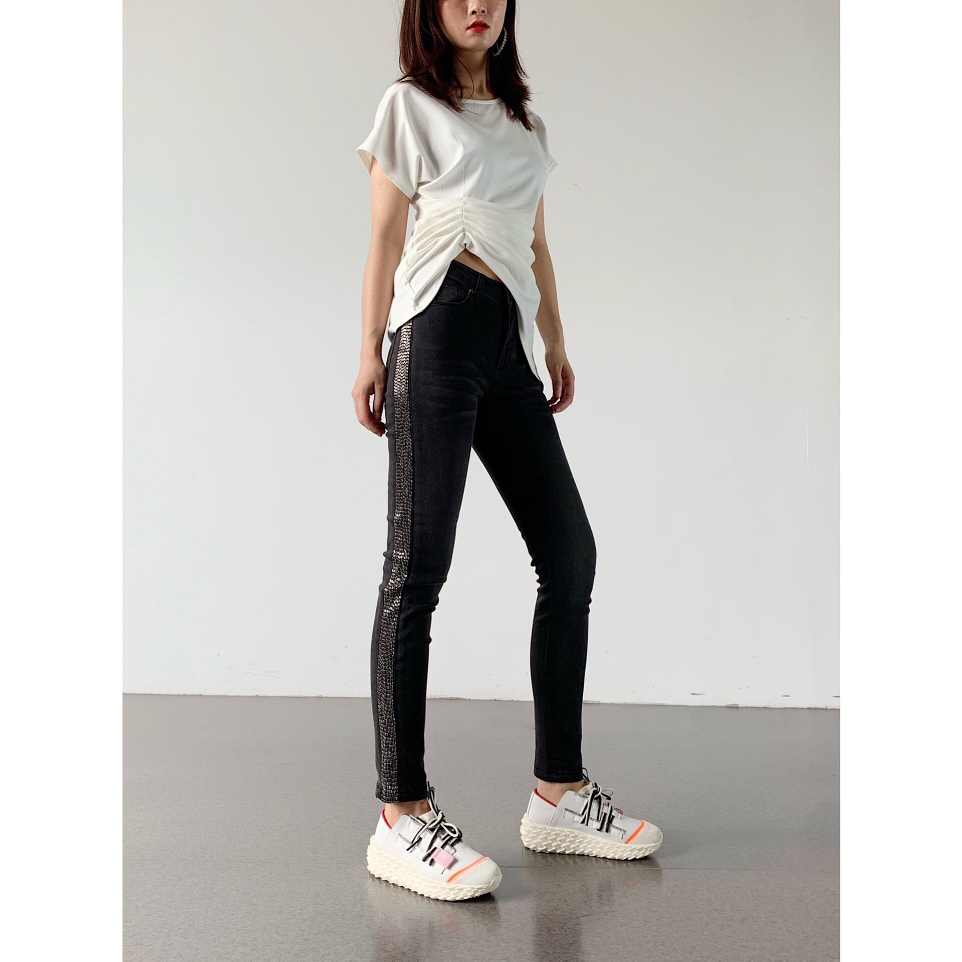 (Rugosa M) Smoke gray high waist hot drill jeans women's straight slim fashion pencil pants slim
