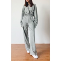 (Rugosa M) gray long sleeve T-shirt top high waist wide leg trousers drawstring design sports casual set