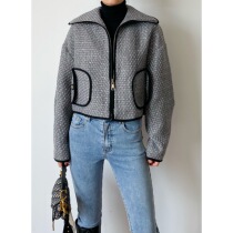 (Rugosa M) gray check long sleeve coat short slim coat fashion zipper design Women