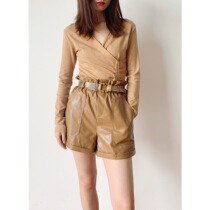 (Rugosa M) khaki high waist semi-elastic waist shorts with belt tie waist slim casual leather pants women