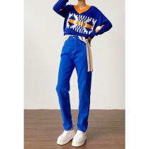 Rugosa blue straight jeans women high waist show slender long pants personality (CK201022002D)