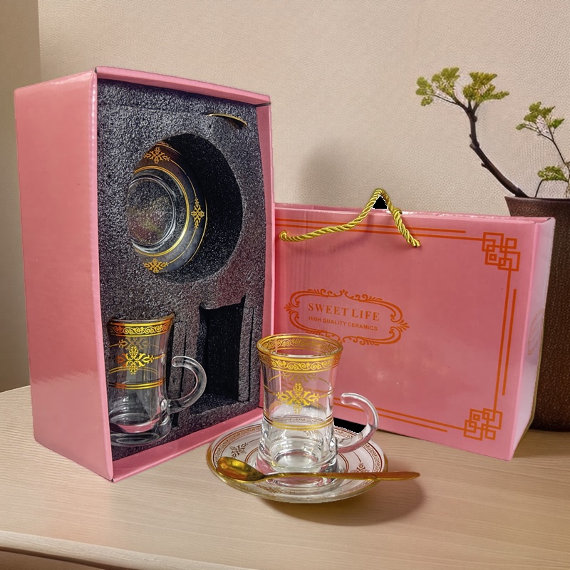 European Style 2026 Turkish-Style Golden Tea Cup Glass Coffee Cup Set High-End Exquisite Coffee Cup and Saucer with Spoon European Style 2026 Turkish-Style Golden Tea Cup Glass Coffee Cup Set High-End Exquisite Coffee Cup and Saucer with Spoon
