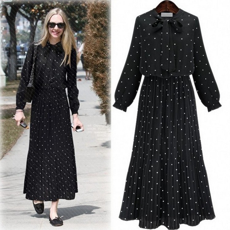 2026 New Spring Korean Long-Sleeved Polka-Dot Chiffon Dress for Women, Waist-Cinching, Elegant, Slimming, Pleated Long Skirt 2026 New Spring Korean Long-Sleeved Polka-Dot Chiffon Dress for Women, Waist-Cinching, Elegant, Slimming, Pleated Long Skirt