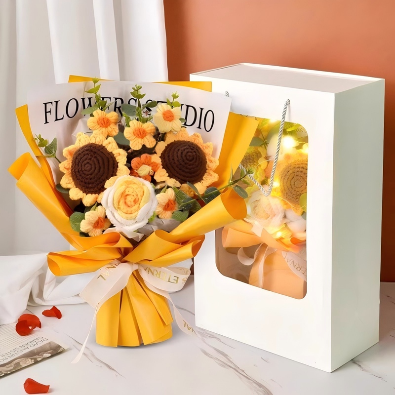 Woolen Sunflower Knitted Finished Product Bouquet, Hand-Knitted Artificial Teacher's Day High School Graduation Eternal Rose