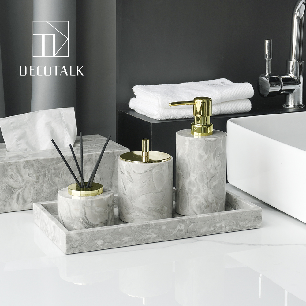 DecoTalk Nordic Grey Marble Bathroom Kit Press Hand Sanitizer Bottle Light Luxury Bathroom Tray