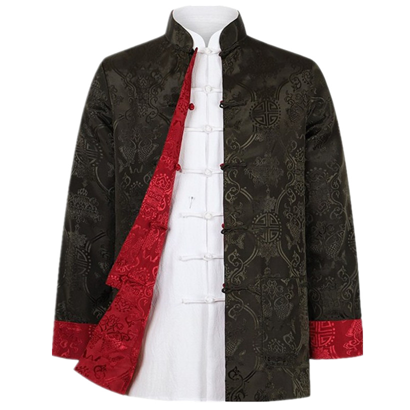 Spring and Autumn Tang Suit men's long-sleeved silk jacket Chinese retro disc buckle stand-up collar top Chinese style double-sided jacket
