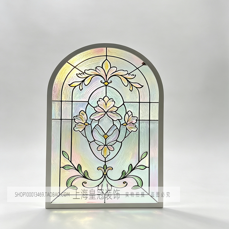 French-Style Vintage Glass Window Tiffany Stained Glass Painted Partition Enamel Art Glass Arched Screen