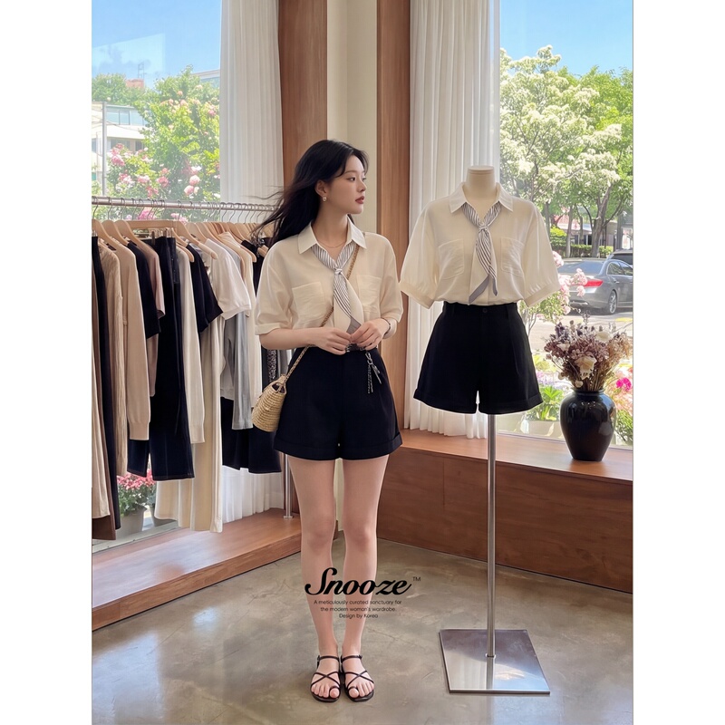 Soonze【Contour Silhouette】French-Style Chic Bow Tie Short-Sleeved Shirt and Shorts Two-Piece Outfit Set Soonze【Contour Silhouette】French-Style Chic Bow Tie Short-Sleeved Shirt and Shorts Two-Piece Outfit Set