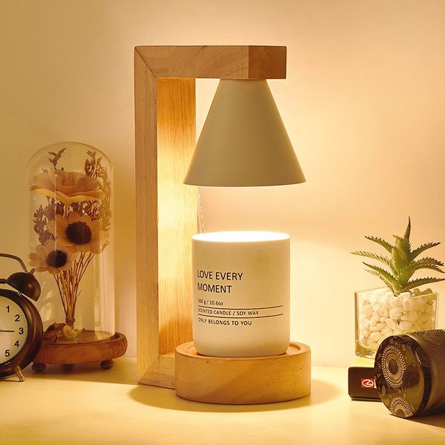 Japanese-Style Natural Wood Aromatherapy Wax Melting Lamp, Smokeless, Creative Bedroom Bedside Lamp, Romantic Candle, Dimmable, Trendy Retro