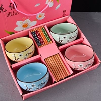 Розовая снежная слива, 4 миски, 4 палочки для еды, пудреница.