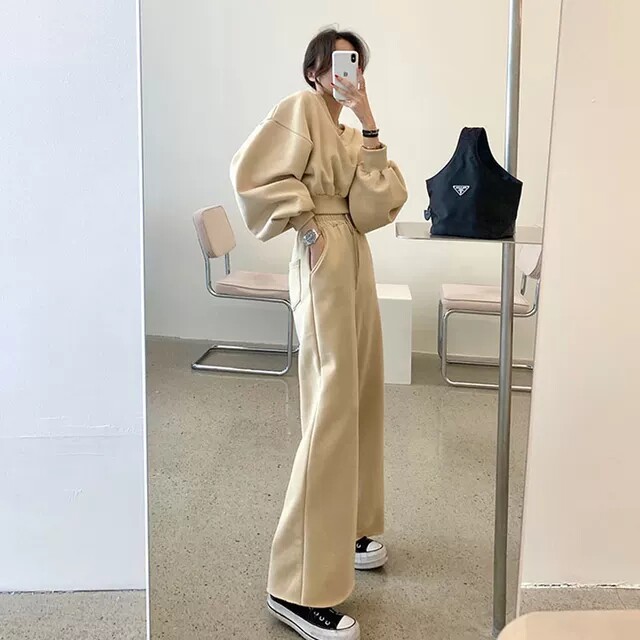 2021 Autumn Winter Net Red Fashion Plus Suede Thickened Casual Thick Cotton Broadlegged Pants Loose Two-piece Suit Women Sportswear