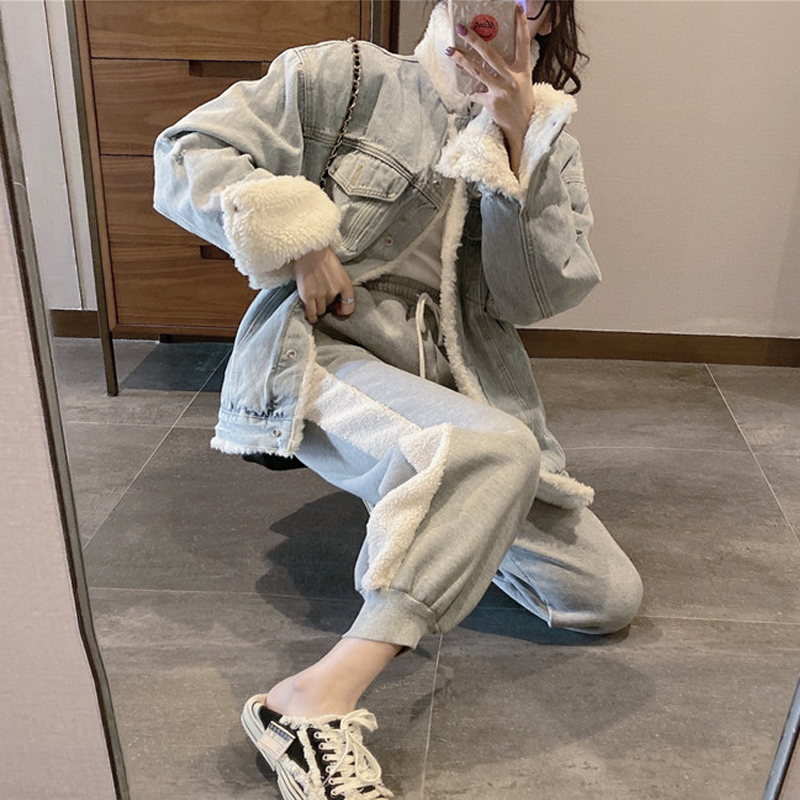 Plus Fleece Thickened Casual Fashion Suit Women 2021 Autumn Winter Lamb Wool Jacket Bungles Pants Sportswear two sets